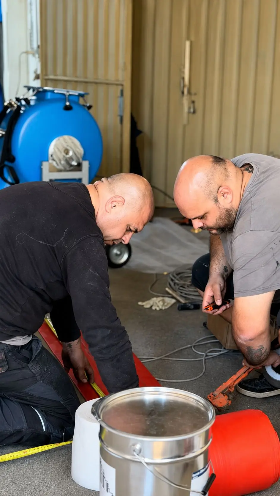 Due tecnici Trivio Group preparano la guaina e la resina in cantiere